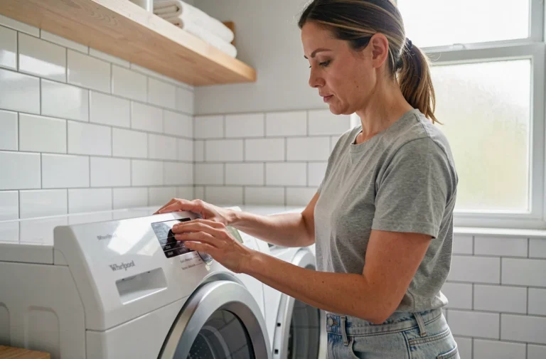 Femme utilisant le panneau de commande d'un lave-linge Whirlpool 6th Sense dans une buanderie moderne
