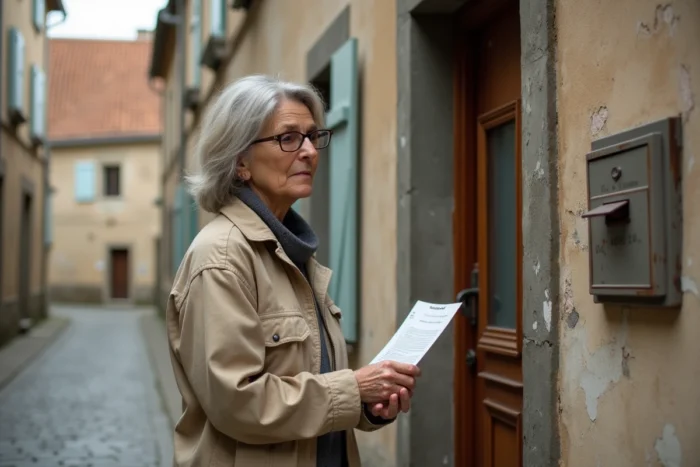 Femme examinant une maison abandonnée à vendre dans un village français avec des documents en main