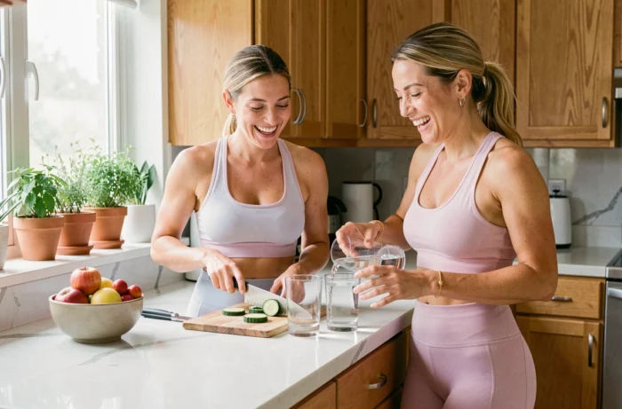 Deux femmes en tenue de sport préparant un repas sain après l'entraînement dans une cuisine moderne illustrant l'équilibre entre sport et alimentation bien-être