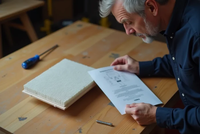 Cartouche de filtre de remplacement Silvercrest posée sur un établi en bois avec manuel d'instructions et tournevis