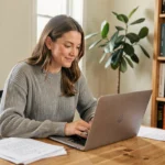 Femme se formant en ligne à domicile pour trouver un emploi, assise à un bureau avec un ordinateur portable et des notes manuscrites