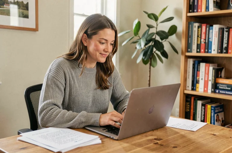 Femme se formant en ligne à domicile pour trouver un emploi, assise à un bureau avec un ordinateur portable et des notes manuscrites