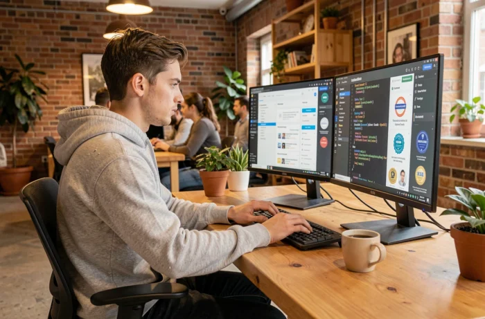 Jeune homme en formation numérique et développement informatique sur ordinateur dans un espace de coworking moderne