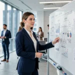 Femme professionnelle en formation en entreprise présentant des données sur un tableau blanc dans un bureau moderne en 2024