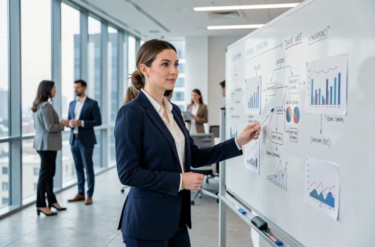 Femme professionnelle en formation en entreprise présentant des données sur un tableau blanc dans un bureau moderne en 2024