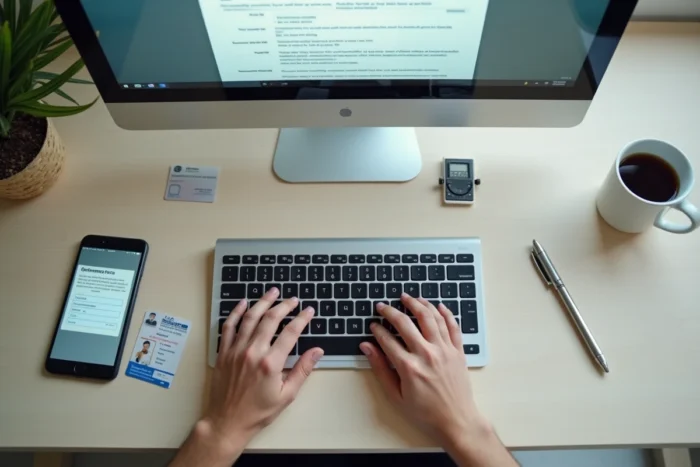 Mains tapant sur un clavier pour remplir un formulaire de déclaration de vol en ligne sur le site de la police