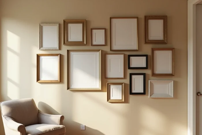 Galerie photo personnelle avec cadres dépareillés en laiton, bois et métal sur un mur beige
