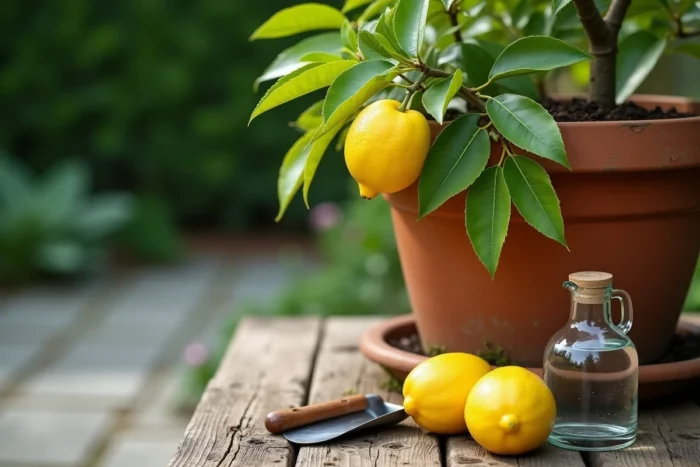 Gros plan sur des citrons mûrs et feuilles d'un citronnier en pot sur table en bois avec outils d'arrosage