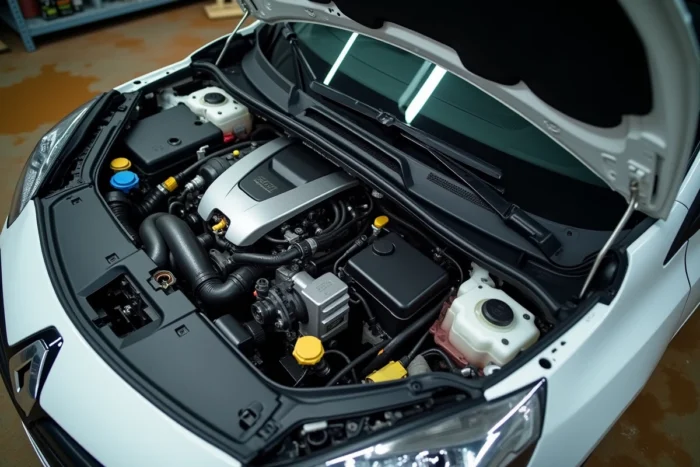 Gros plan sur les injecteurs et le compartiment moteur d'une Renault Clio 5, détail technique du système d'injection essence