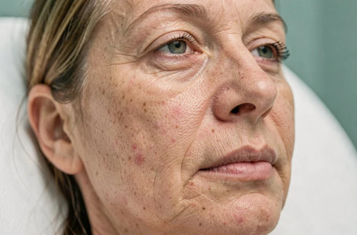 Gros plan sur la texture naturelle de la peau mature au niveau du sillon nasogénien après un traitement de comblement de rides