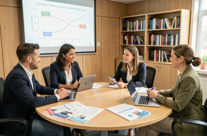 Groupe de professionnels adultes discutant des formations les plus recherchées par les employeurs autour d'une table de séminaire