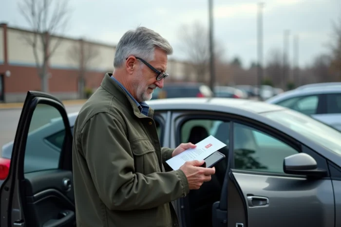 Homme consultant un guide d'activation de la conduite autonome à côté de sa voiture