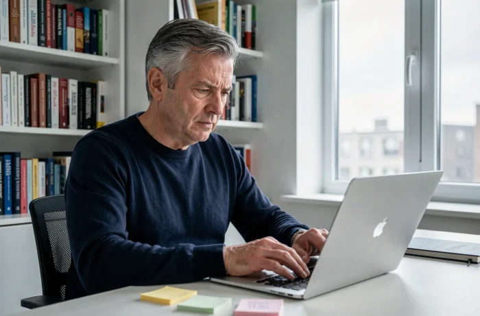 Homme consultant les actualités sur un ordinateur portable dans un bureau à domicile