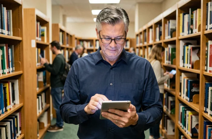 Homme d'âge mûr recherchant des informations médicales fiables sur une tablette dans une bibliothèque publique