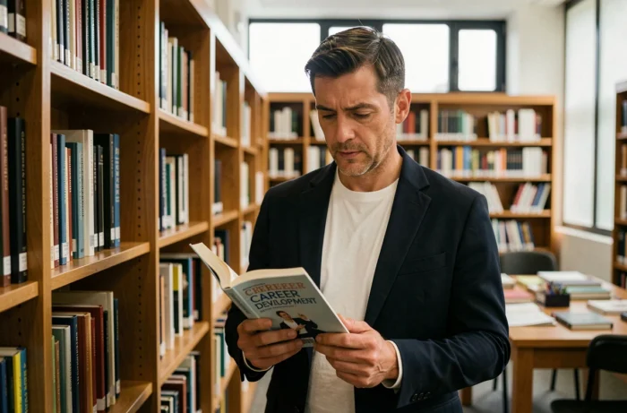 Homme consultant un livre de développement de carrière en bibliothèque pour orienter sa reconversion professionnelle et trouver un emploi adapté