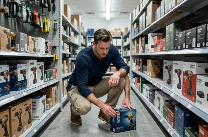 Homme lisant les caractéristiques d'un outil électroportatif dans un magasin de bricolage pour améliorer sa maison