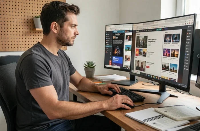 Homme comparant plusieurs plateformes de streaming en ligne sur un ordinateur de bureau à domicile