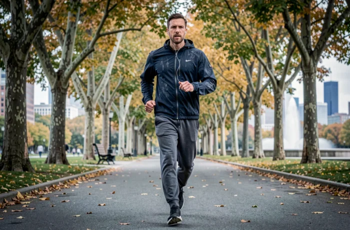 Homme en train de courir dans un parc urbain en automne illustrant l'intégration du sport dans la routine quotidienne pour le bien-être