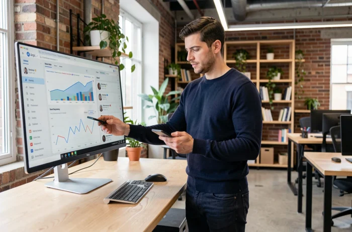 Homme analysant ses statistiques de réseaux sociaux dans un espace de coworking moderne