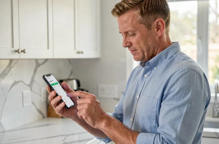 Homme consultant son espace bénéficiaire Logisfil sur smartphone dans une cuisine moderne