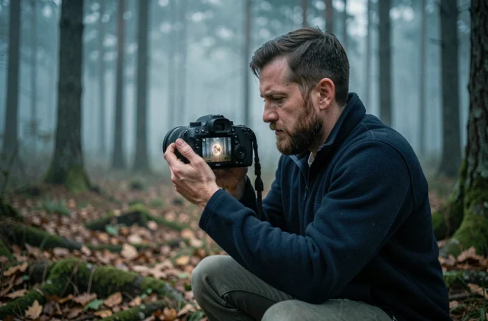 Homme barbu dans une forêt brumeuse au crépuscule examinant une photographie d'orbe sur l'écran de son appareil photo