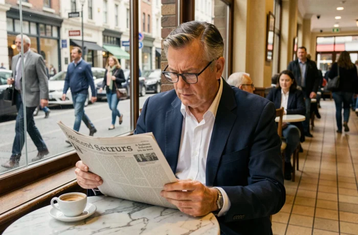 Homme lisant un journal imprimé dans un café urbain, suivant les dernières actualités quotidiennes