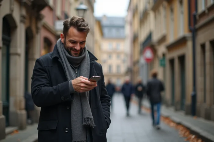 Homme souriant en lisant un message sur son téléphone dans une rue urbaine en automne, pensant à quelqu'un