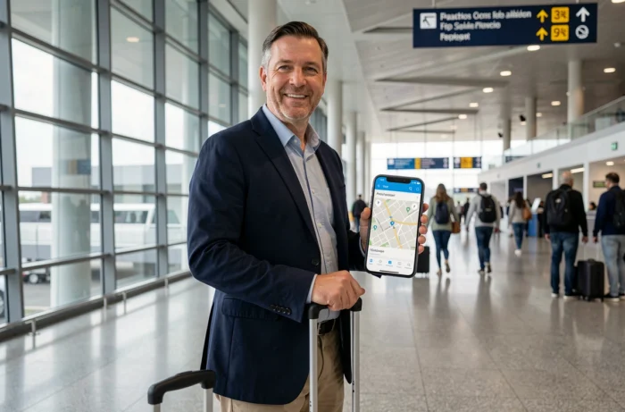 Homme consultant un plan de voyage sur smartphone dans un terminal d'aéroport moderne