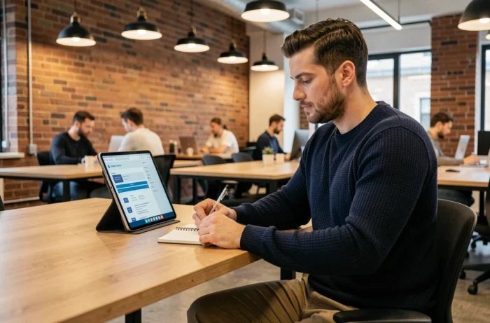 Homme utilisant une plateforme de CV en ligne dans un espace de coworking moderne
