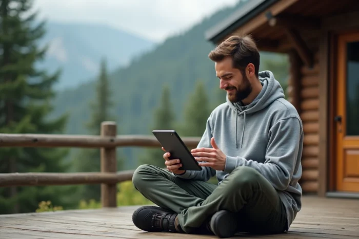 Homme parcourant des pages de découverte sur tablette depuis une terrasse de cabane en forêt