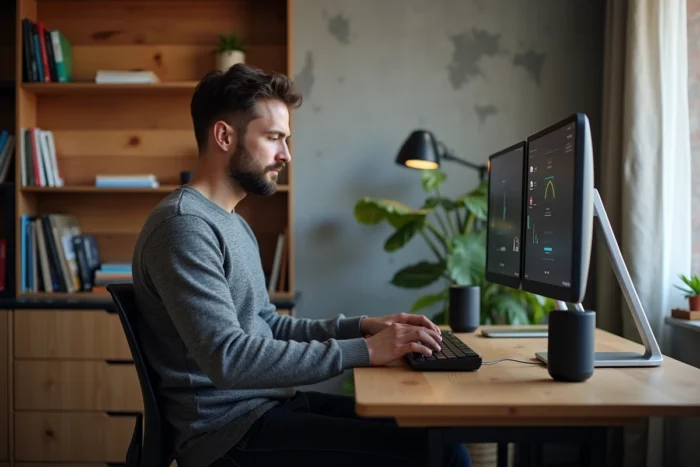 Homme travaillant depuis son bureau à domicile avec un double écran et des outils technologiques modernes