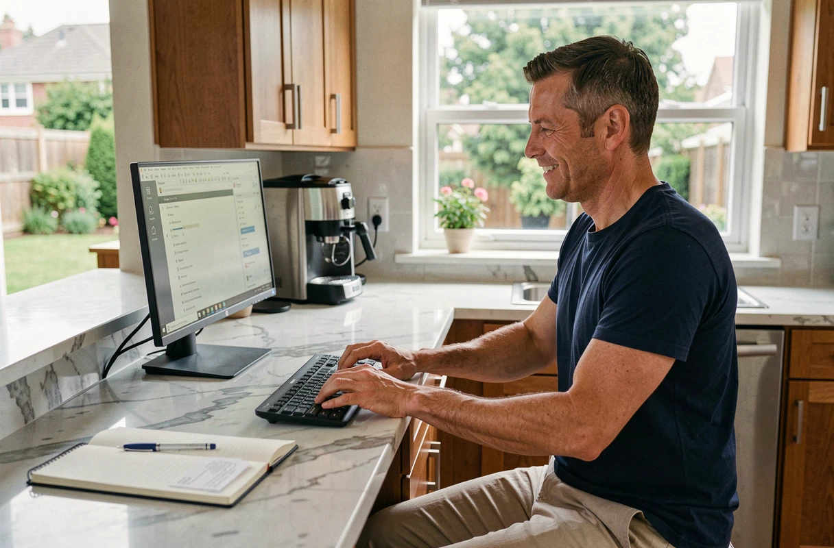Homme en télétravail depuis sa cuisine moderne, travaillant sur ordinateur avec un second écran dans un cadre domestique contemporain