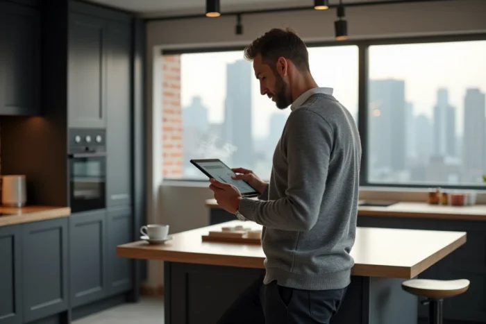 Homme d'affaires consultant les tendances business sur une tablette dans sa cuisine moderne avec vue urbaine en arrière-plan