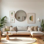 Salon moderne décoré avec des idées originales : galerie murale, plantes, miroir et coussins texturés