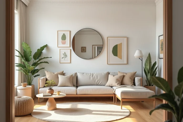 Salon moderne décoré avec des idées originales : galerie murale, plantes, miroir et coussins texturés