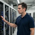 Ingénieur informatique devant un cluster de serveurs dans une salle de données professionnelle
