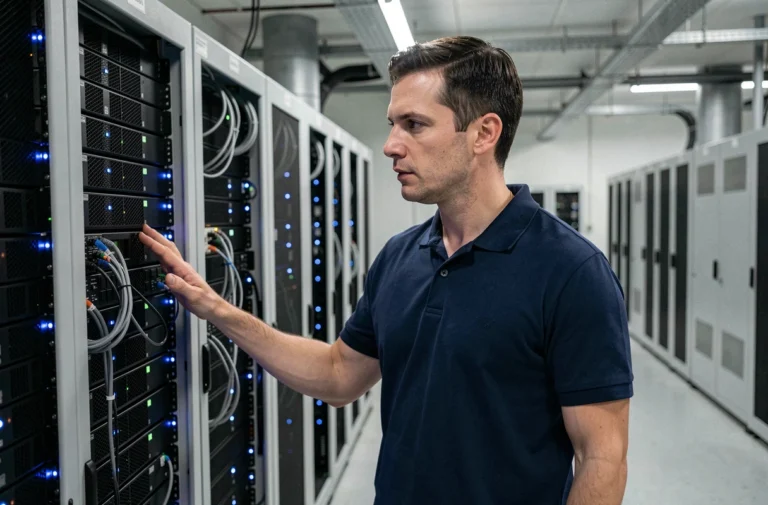 Ingénieur informatique devant un cluster de serveurs dans une salle de données professionnelle
