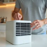 Mains adultes retirant le panneau avant du filtre du mini rafraîchisseur d'air Silvercrest posé sur un plan de travail de cuisine