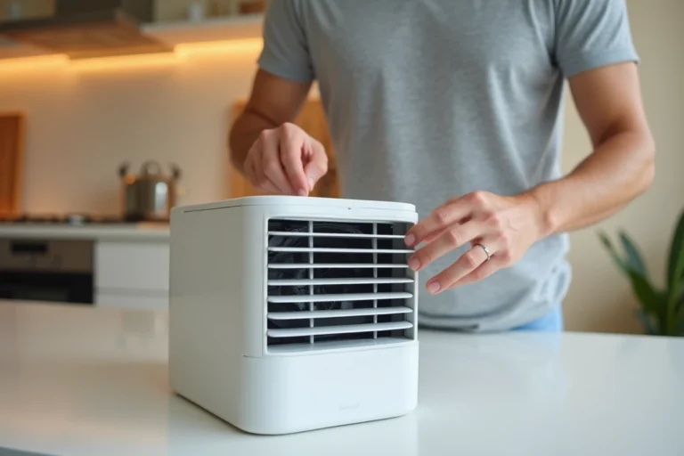 Mains adultes retirant le panneau avant du filtre du mini rafraîchisseur d'air Silvercrest posé sur un plan de travail de cuisine
