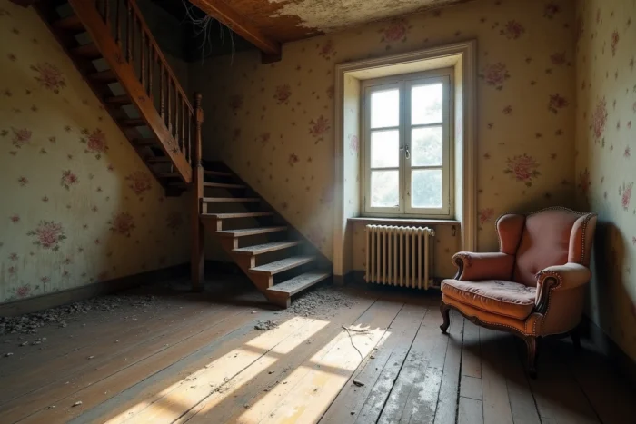 Intérieur délabré d'une maison abandonnée française avec papier peint décollé et plancher poussiéreux