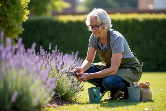 Jardinière d'une cinquantaine d'années taillant les tiges jaunies d'un massif de lavande en pleine terre, avec de la chaux et un arrosoir en arrière-plan