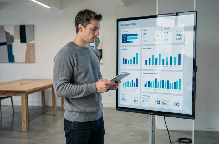 Jeune entrepreneur analysant des indicateurs de performance et des données économiques sur un écran interactif