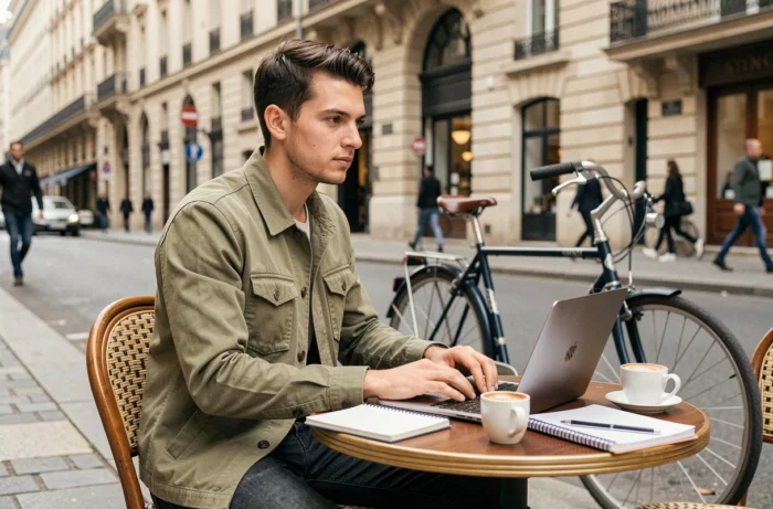 Jeune entrepreneur français travaillant sur son projet en terrasse de café à Paris avec un ordinateur portable