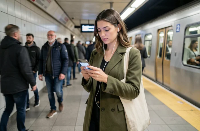Jeune femme consultant les actualités sur son smartphone dans le métro, informée en déplacement quotidien