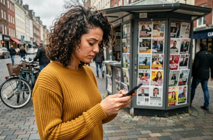 Jeune femme consultant son téléphone devant un kiosque à journaux en ville