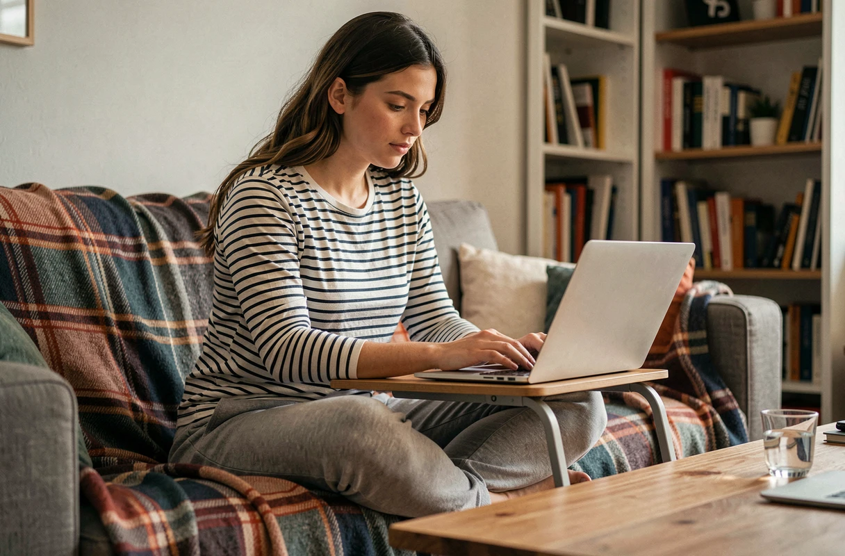 Jeune femme travaillant depuis son canapé avec un ordinateur portable sur un coussin, dans un salon confortable et chaleureux illustrant le travail à domicile flexible
