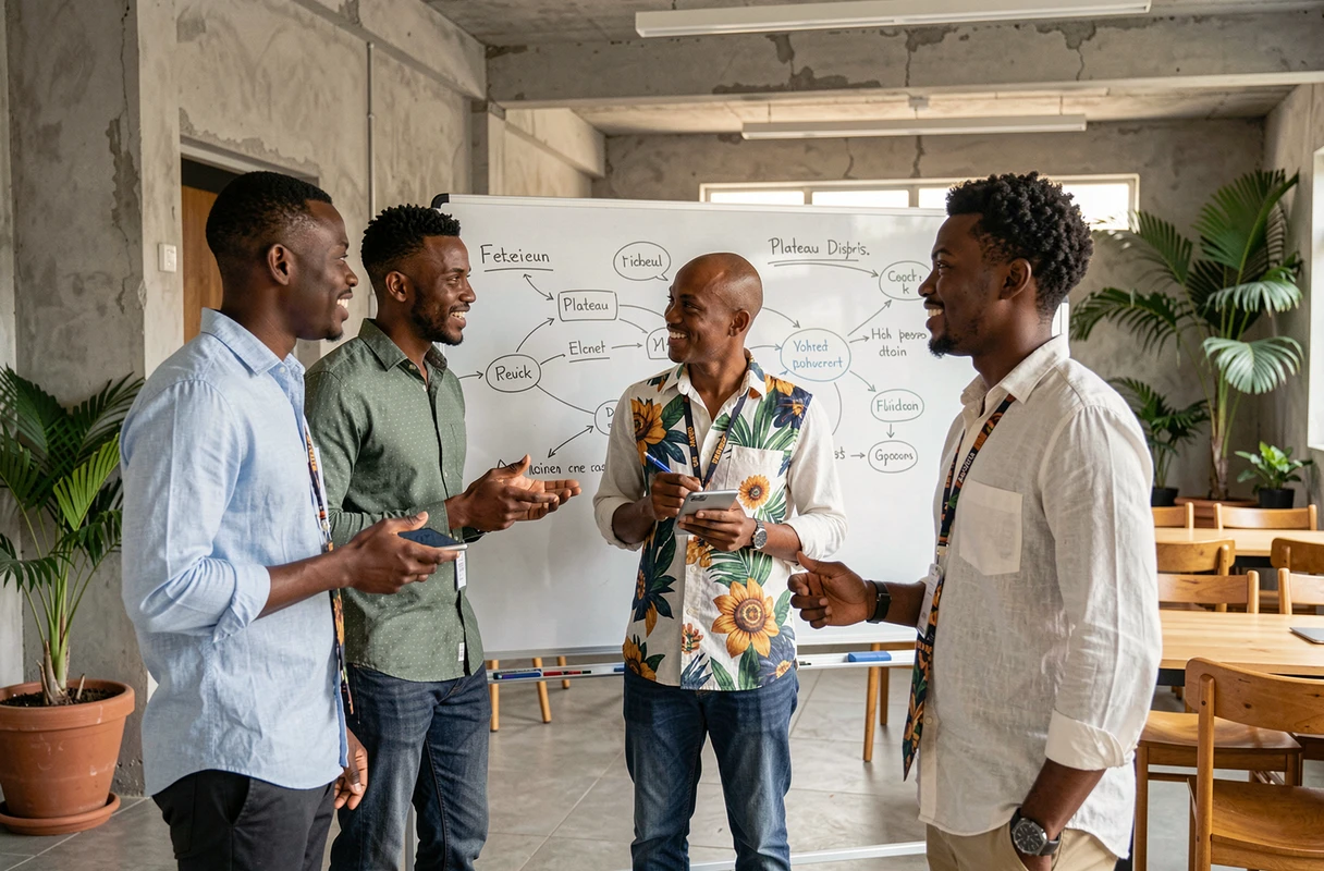 Jeunes entrepreneurs ivoiriens en réunion stratégique dans un espace de coworking à Abidjan