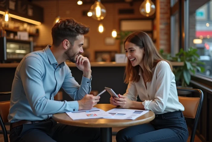 Deux jeunes professionnels discutant des ressources et tendances business 2024 autour de rapports imprimés et smartphones dans un café urbain