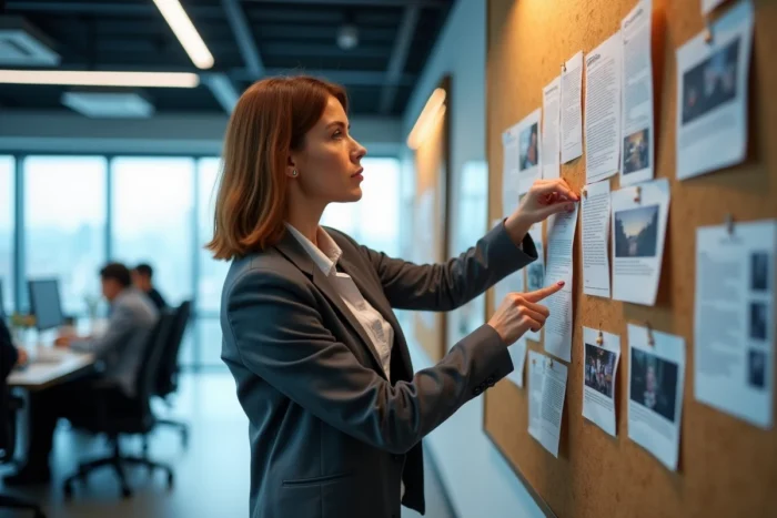 Journaliste analysant un tableau d'enquête avec des articles et photos dans une salle de rédaction moderne