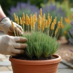 Plant de lavande avec feuillage jaunissant dans un pot en terre cuite sur une terrasse en pierre, main gantée d'un jardinier inspectant les tiges malades